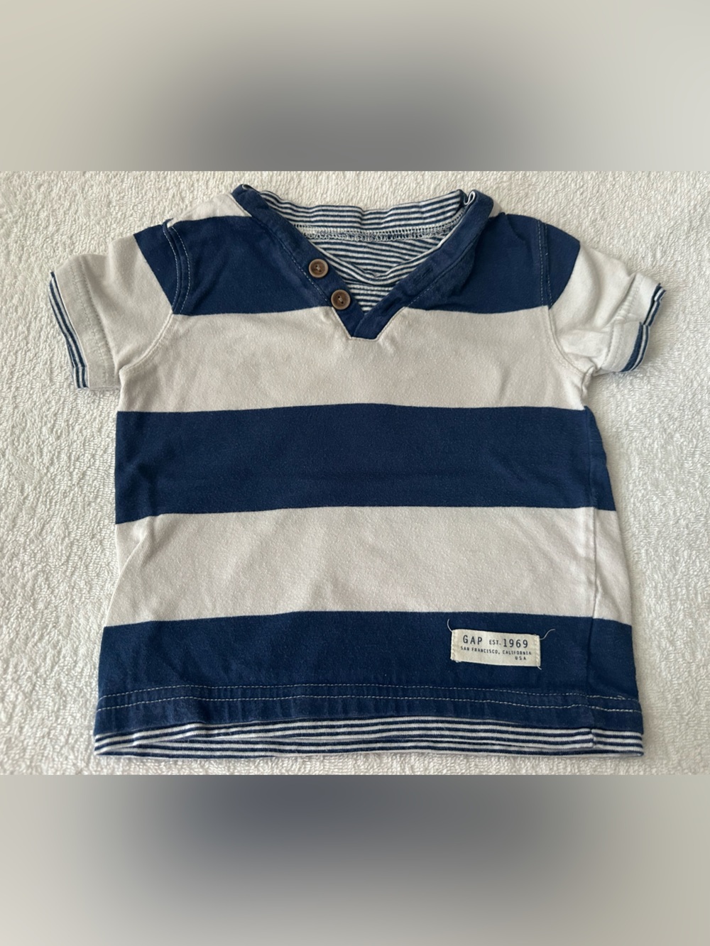 GAP Navy & White Striped Short Sleeve Tee with Button V-Neck